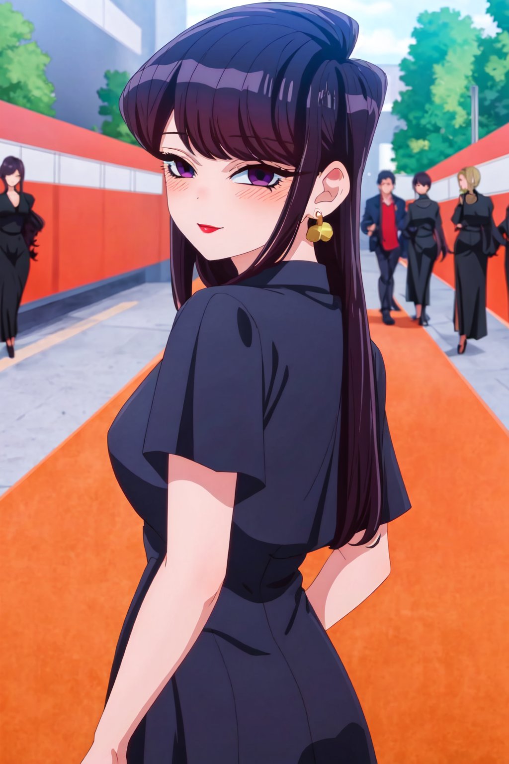 ShoukoKomi, Shouko Komi, (8k, high definition), upper body, loose hair, long eyelashes, loose hair, long hair, long sideburns, purple eyeliner, perfect eyes, embarrassed, blushing, high definition, highly detailed eyes, highly detailed, elegant dress, black dress, long dress, dress with leg opening, neckline, earrings, red lipstick, red carpet, smile, looking_at_viewer, from behind<lora:EMS-333743-EMS:1.000000>