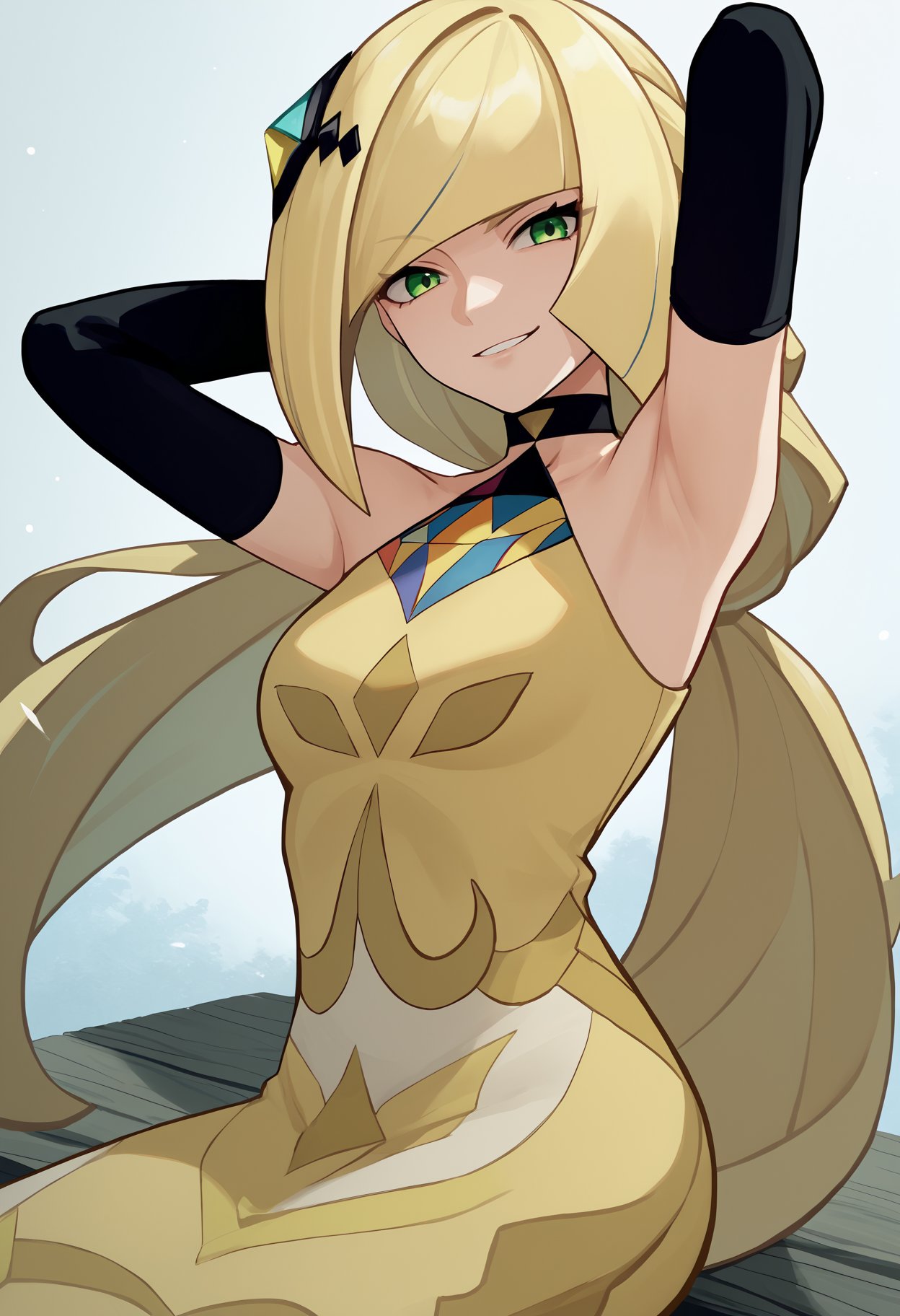 score_9, score_8_up, score_7_up, source_anime BREAK 1girl, solo, <lora:lusamine-pokemon-richy-v1_pdxl:1> lsmnsyg, green eyes, blonde hair, very long hair, ponytail, hair ornament, bangs, black choker, yellow dress, halterneck, black gloves, elbow gloves, sitting, arms behind head, armpits, smirk, looking at viewer, 