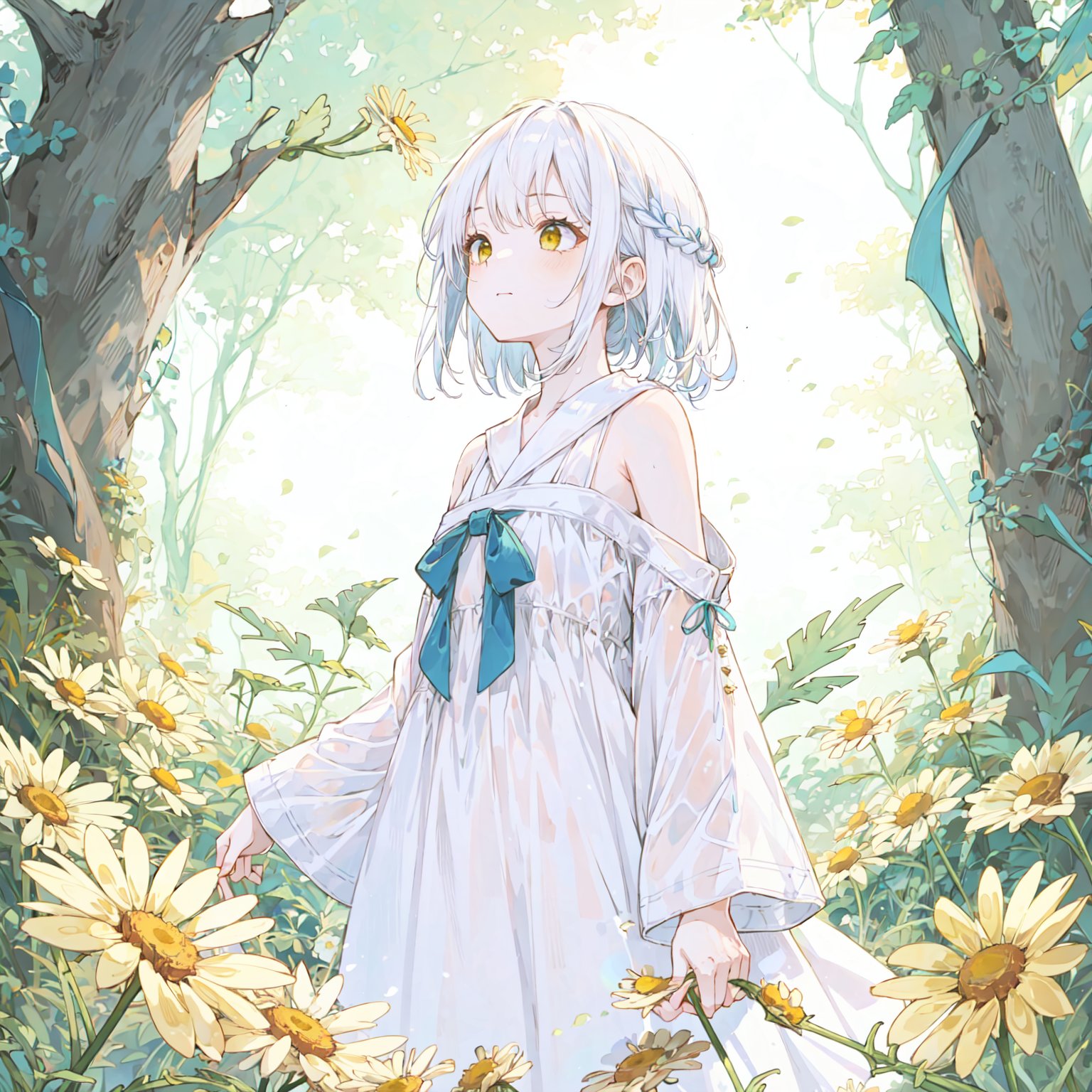 yellow theme,the setting sun,(((Chamomile))),Chamomile,cornflower,vines,forest,ruins,lens flare,hdr,Tyndall effect,damp,wet,1girl,bare shoulders,broken glass,broken wall,white hair,white dress,closed mouth,constel lation,flat color,braid,blinking,white robe,float,closed mouth,constel lation,flat color,looking up,standing,medium hair,standing,solo,