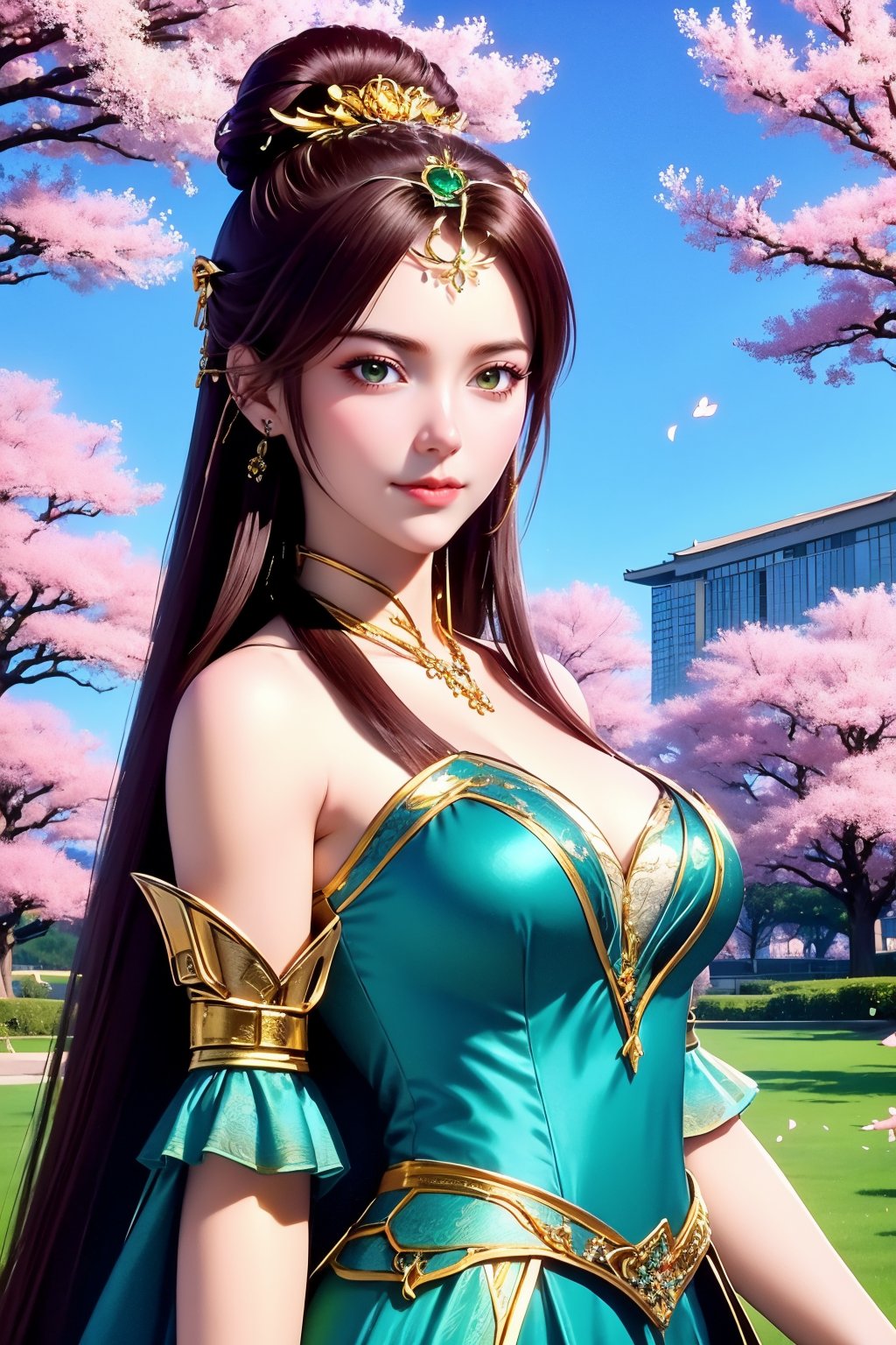 1girl, petals, solo, dress, brown hair, falling petals, upper body, long hair, hair ornament, blue dress, tiara, building, tree, closed mouth, hair bun, bare shoulders, detached sleeves, sky, green dress, outdoors, blue sky, looking at viewer, cherry blossoms, jewelry, architecture, breasts