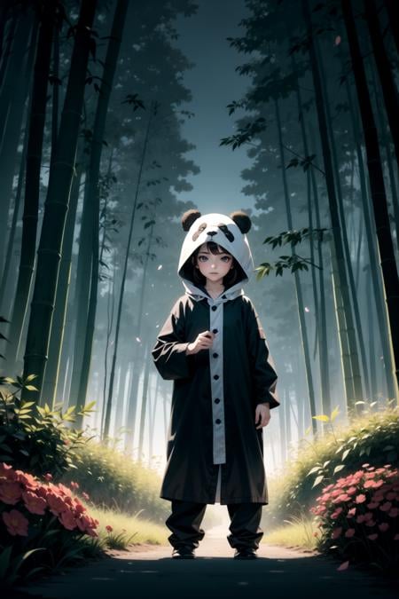 1girl, a beautiful bamboo forest fire with golden clouds and flowers. Volumetric light, moody colors, cinematic composition, movie concept art, vertical perspective, intense, cinematic lighting, intricate, elegant, panda ears, panda onesie, panda kigurumi,