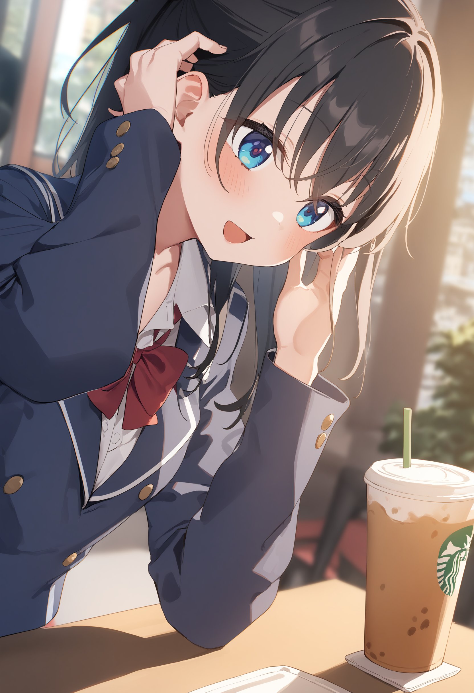 1girl,sincos, ningen mame, toosaka asagi,solo,medium breasts,school uniform,tucking hair, tucking hair, hand up, hair tucking, hand in hair, adjusting hair,<lora:tuckinghair_XL_v1:0.7>from side, cinematic angle, looking to the side, smile, cafe, open mouth,best quality, very aesthetic, absurdres,