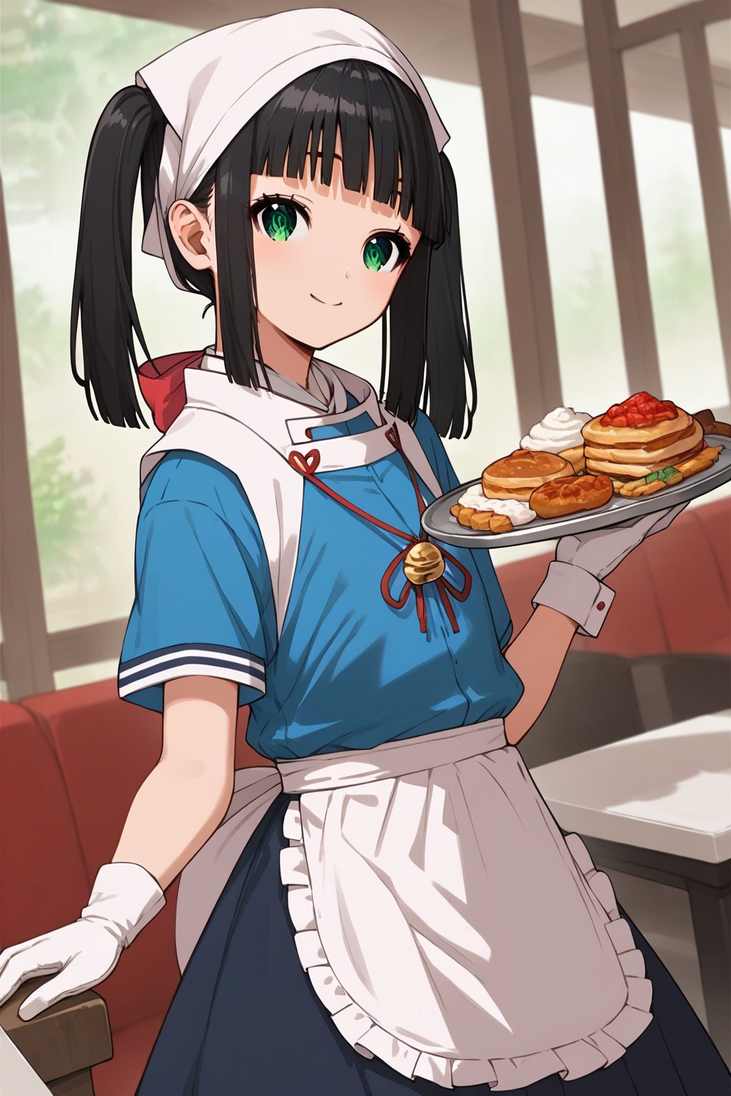 score_9, score_8_up, score_7_up, score_6_up, score_5_up, score_4_up, source_anime, shizuku_nige, black hair, blunt bangs, green eyes,1girl., solo, twintails, smile, apron, blue shirt, blue skirt, frilled apron, frills, gloves, head scarf, shirt, short sleeves, skirt, uniform, waist apron, waitress, white apron, white gloves, food, tray, food tray, indoors, restaurant, looking at viewer, dutch angle, cowboy shot,masterpiece, perfect face, best quality, beautiful girl, blurry background, cute girl, beautiful eyes, shiny eyes, perfect body, <lora:cqpfkp5e878c738ookog:1>