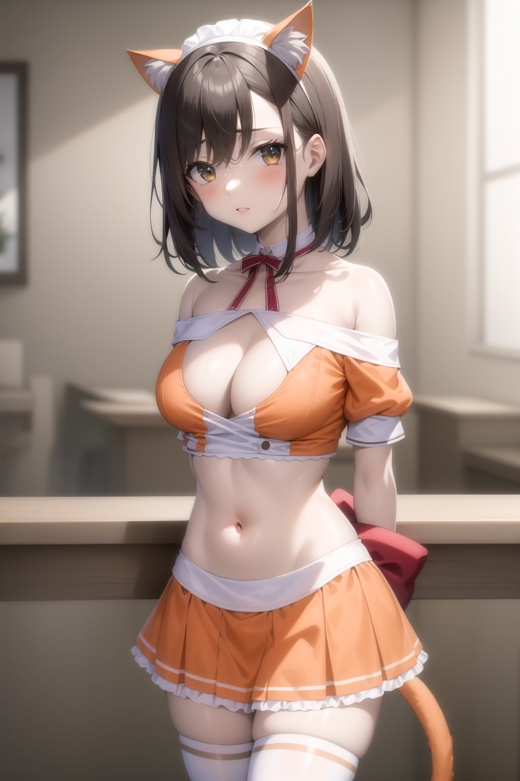 Highly detailed, High Quality, masterpiece, beautiful,BREAK 1girl, Focus solo, (young woman), (16 old), BREAK Uniform Radish, skirt, thighhighs, animal ears, tail, midriff, cat ears, (cat tail), waitress, cleavage, clothing cutout, cleavage cutout, ribbon, red ribbon, dress, (orange dress:1.2), thighhighs, miniskirt, wrist_cuff,BREAK looking_at_viewer, front_view, (Focus breasts:1.3), motion blur<lora:EMS-434643-EMS:0.800000>, <lora:EMS-327022-EMS:0.300000>