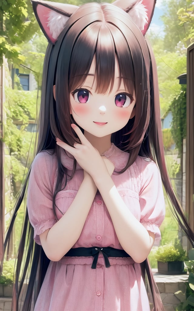 (masterpiece), (best quality), photo realistic, (extremely detailed), (1girl), solo, (pretty cute girl), looking at viewer, smile, slender, evenly sized eyes, extremely detailed eyes, upper body, outdoors, extremely detailed wallpaper, (completely detailed features), 16k, pink eyes, pink hair, cat girl, black animal ears, black tail, looking at viewer, smile, peace sign, pink kawaii room, heart item, red ribbon, pink and white dress, standing, indoors, fluffy<lora:EMS-459915-EMS:1.000000>