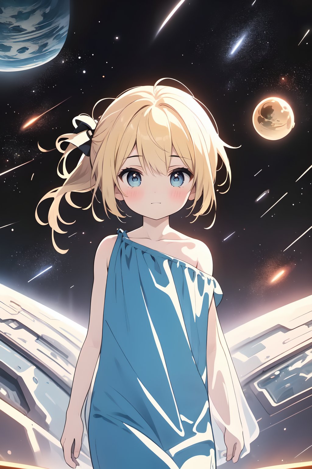 (masterpiece, best quality, highres, ultra-detailed),(beautiful and aesthetic:1.2), 1man, adult,  wavy blonde hair, blue eyes, high short ponytail, beautiful face, (slight smile:0.8), detailed eyes and face, flat chest, wearing silk sundress, transparent, wrapped in floating shawl, golden trim, bare shoulders, bare collarbones, skinny pants, space opera, sci-fi, cowboy shot, intricate details, dramatic lighting,