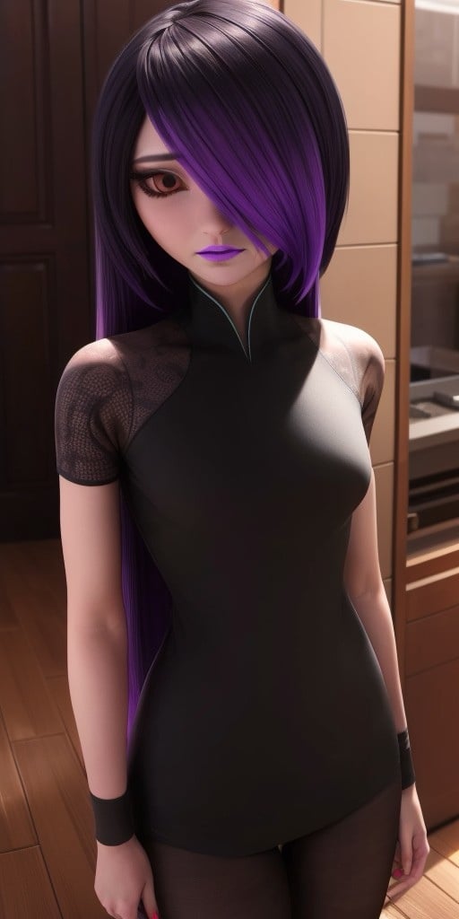 Hyperrealistic, photorealistic, super detailed, fifteen years old, medium height, brilliant red eyes, dark eyeshadow, long black hair with dyed purple tips at the end and bangs covering the left side of her face, very soft magenta lipstick, body like in real life, large pores, pale-skinned, beautiful arms, little breasts, unreal engine, octane render, droped shadow, bokeh, cinematic lighting, <lora:add_detail:0.5>, <lora:Volumetric_lighting:0.6>, Juleka Couffaine, , <lora:d5da7d5d-bd8d-4fcf-8082-26baea76a477:0.7>