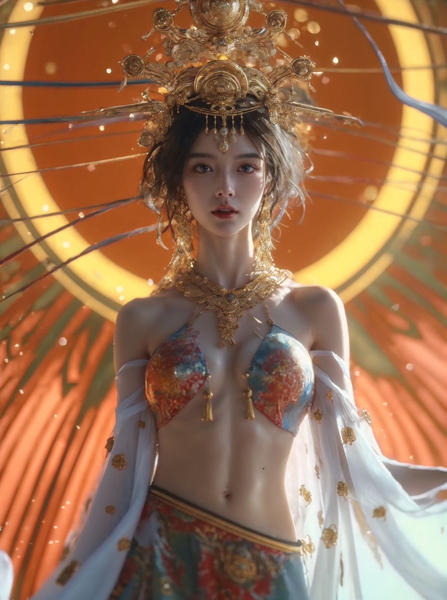 xuer Chinese goddess,1girl,solo,jewelry,navel,necklace,breasts,blue eyes,short hair,looking at viewer,parted lips,earrings,bare shoulders,black hair,hair ornament,midriff,medium breasts,detached sleeves,brown hair,tassel,<lora:绪儿-中国女神 xuer Chinese goddess:0.75>,<lora:xuer a sense of story girl_20240320200924:0.5>,