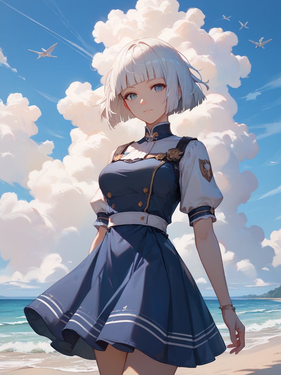 score_9,score_8_up,score_7_up,1girl,solo,best quality,highres,masterpiece,short hair,hime cut,white hair,facing viewer,looking at viewer,cowboy shot,white navy captain's dress,outdoors,seaside,cloud,foaming waves,warships,