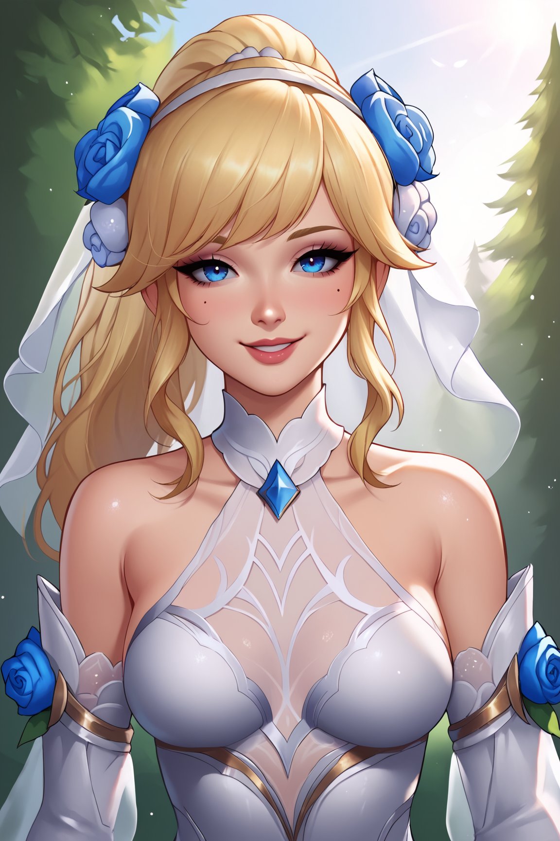 score_9, score_8_up, score_7_up, score_6_up, score_5_up, score_4_up, LuxCRLOLXL, blue eyes, blonde hair, ponytail, sidelocks, bangs, hair ornament, hair flower, veil, medium breasts, dress flower, bare shoulders, white dress, white elbow gloves, solo, front view, (portrait, upper body), solo focus, seductive smile, looking at viewer, forest, tree <lora:LuxCRLOLXL:0.9>