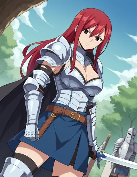 score_9, score_8_up, score_7_up, source_anime,erzascarlet, <lora:erza-scarlet-ponyxl-lora-nochekaiser:1>erza scarlet, long hair, red hair, hair between eyes, brown eyes,skirt, thighhighs, cleavage, boots, belt, sword, cape, armor, gauntlets, armored boots, greaves, knight,outdoors, nature,looking at viewer, dutch angle, cowboy shot