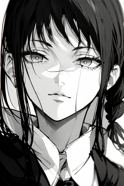 1girl,solo,monochrome,greyscale,ringed eyes,makima \(chainsaw man\),looking at viewer,white background,simple background,bangs,braid,braided ponytail,sidelocks,closed mouth,collared shirt,hair between eyes,expressionless,medium hair,shirt,close-up,eyelashes ,<lora:girl_portrait:1>,full_shot