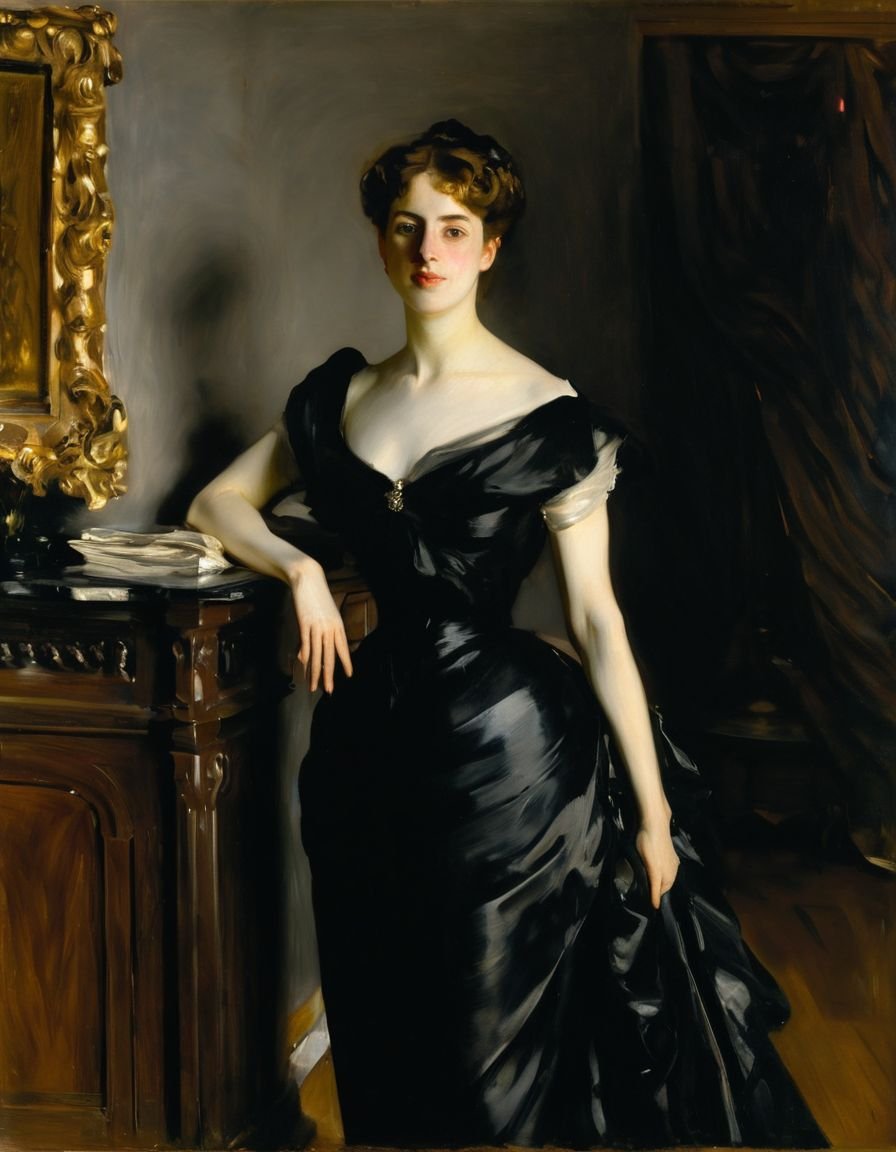 a painting of a woman by Srgnt, standing, black dress, indoor, front view, oil painting, impasto, John Singer Sargent,  <lora:sargent_XL:1>