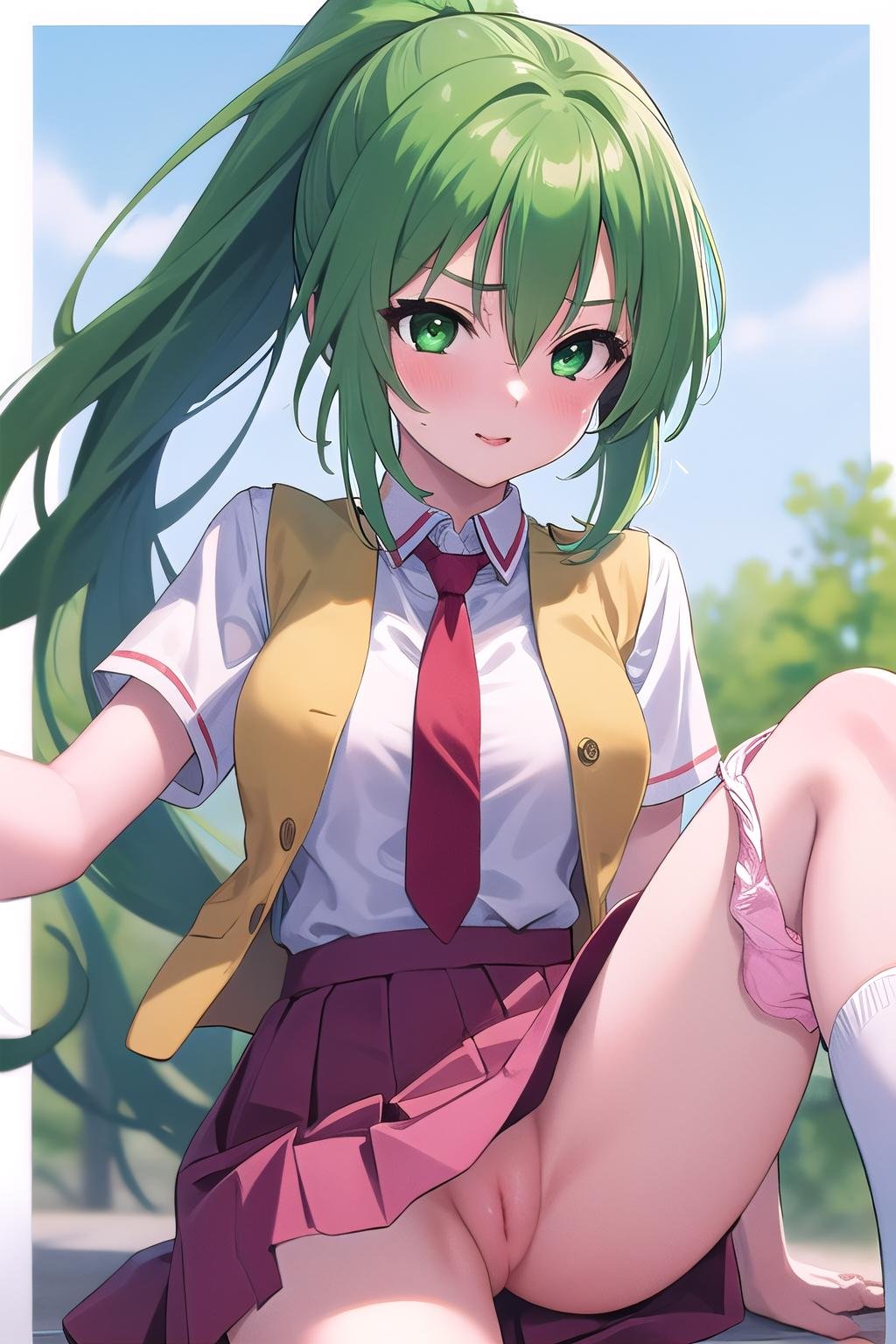 masterpiece, best quality, ultra-detailed, 1girl, panties around  one leg, pussy,  Mion Sonozaki, green hair, green eyes, ponytail, white shirt, red necktie, yellow vest, red skirt,