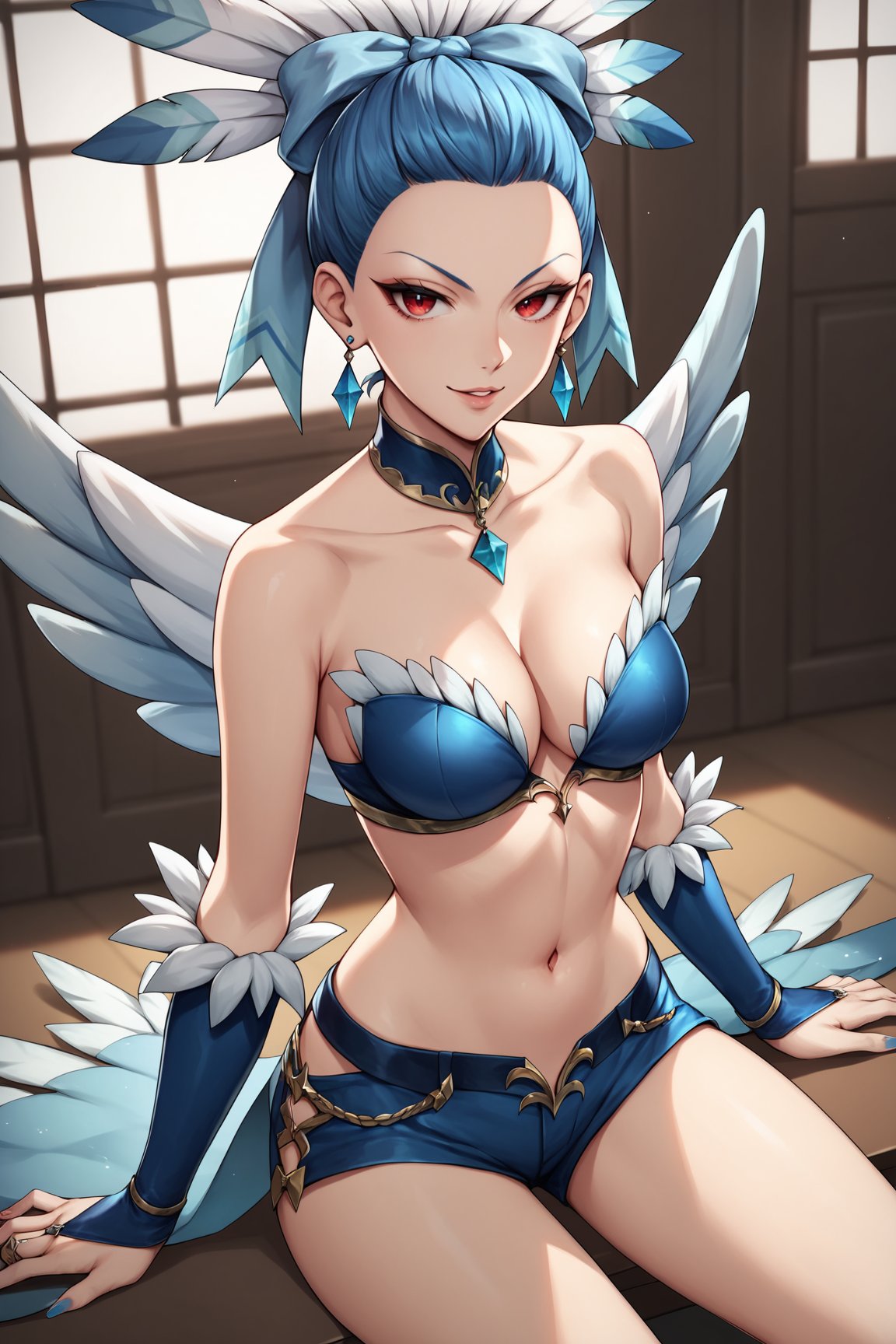 score_9, score_8_up, score_7_up, score_6_up, score_5_up, score_4_up, CluchHHXL, red eyes, blue hair, forehead, hair bow, blue bow, feathers, earrings, blue chocker, medium breasts, two wings, cleavage, blue bikini top, bare shoulders, navel, blue bridal guantlets, blue shorts, short shorts, solo, sitting, seductive smile, looking at viewer, indoors <lora:CluchHHXL:0.9>