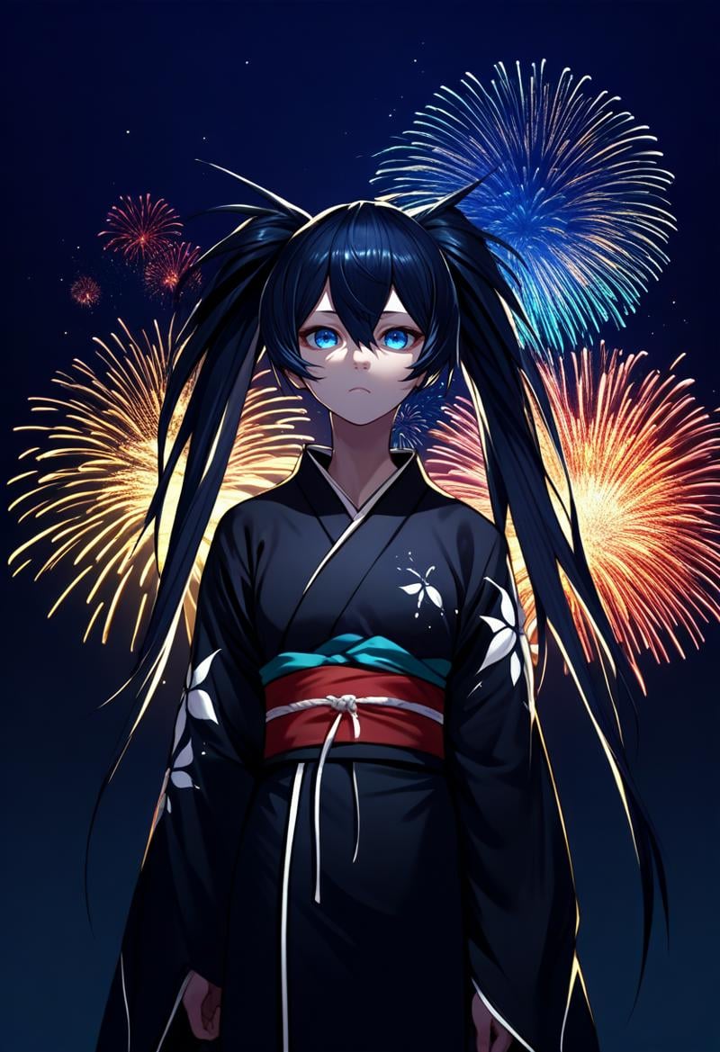 score_9, score_8_up, score_7_up, source_anime, solo, 1girl, blackrockshooter, pale skin, expressionless, looking at viewer, standing, twintails, japanese clothes, black kimono, red sash, wide sleeves, fireworks <lora:blackrockshooter_blackrockshooter_ponyXL:1>