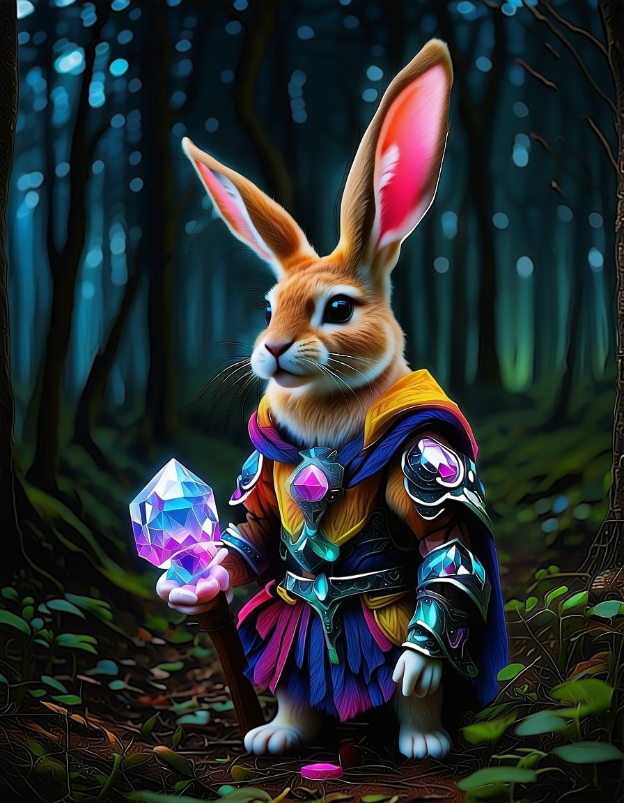 best quality, 4K, 8K, high-resolution, masterpiece, ultra-detailed, photorealistic,  an image of a rabbit dressed as an elf holding a crystal in front of a dark, forested background, looking at viewer, holding, animal ears, rabbit ears, armor, no humans, gem, furry, staff, rabbit,