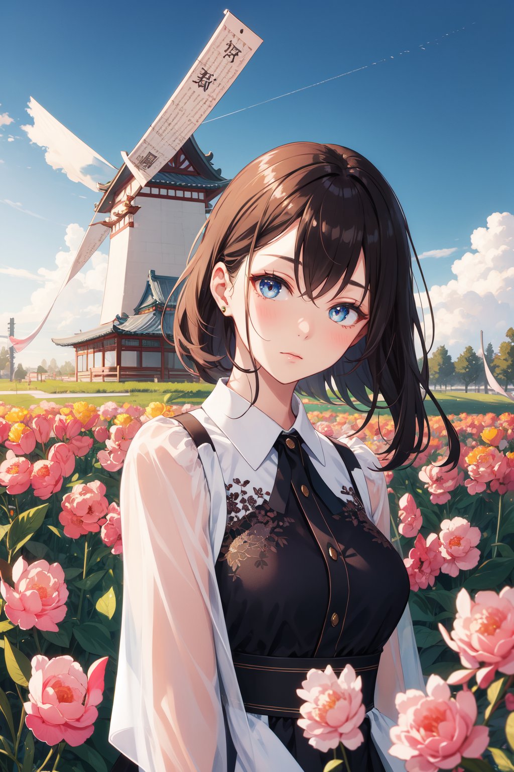 1girl,solo,(looking at viewer:1.1),Sleepy, Drooping eyelids, half-closed eyes, and a slightly dazed expression.,Modern and minimalist shirt dress with a pointed collar and belted waist,upper_body,posing,beautiful face,beautiful eyes,glossy skin,shiny skin,BREAKTulips, Fields, Colors, Spring, Windmill, Horizon, Serenity, Beauty,(Japanese maples, Tea house, Stone lanterns, Koi pond, Fall foliage, Tranquil retreat:0.6),beautiful detailed sky,beautiful detailed glow,posing in front of a colorful and dynamic background,masterpiece,best quality,beautiful and aesthetic,contrapposto,female focus,wallpaper,fashion,