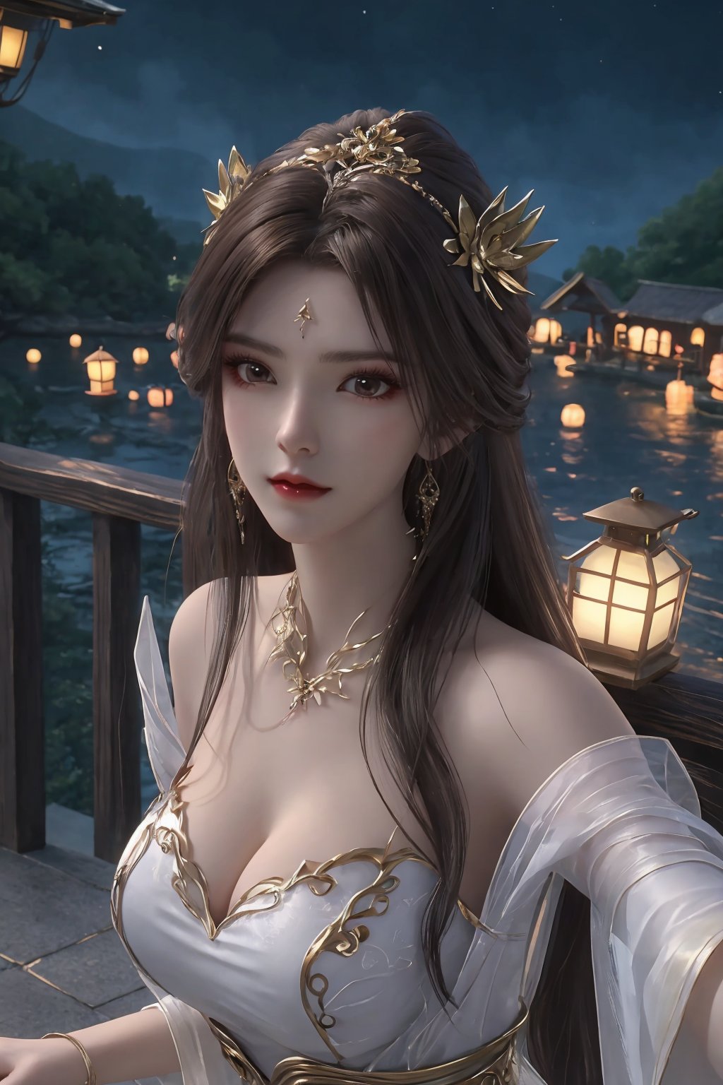 1girl, breasts, brown eyes, brown hair, building, cleavage, dress, earrings, hair ornament, jewelry, lantern, lips, long hair, looking at viewer, necklace, night, paper lantern, solo, white dress <lora:天穹1.0:0.8>