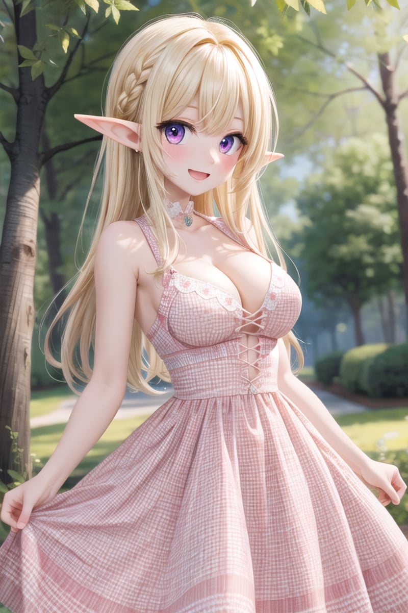 insanely detailed, absurdres, ultra-highres, ultra-detailed, best quality,1girl, solo, nice hands, perfect hands,BREAK,(wearing houndstooth pattern dress),happy smile, laugh, open mouth,standing,from side, cowboy shot, looking at viewer,BREAK,slender, kawaii, perfect symmetrical face, ultra cute girl, ultra cute face, ultra detailed eyes, ultra detailed hair, ultra cute, ultra beautiful,BREAK,in forest,BREAK,elf girl, blonde hair, elf ear, pink eyes, medium breasts, cleavage