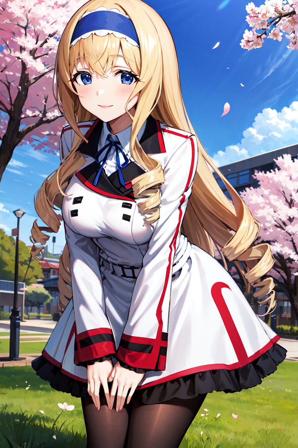 masterpiece, best quality, highres,  aacecilia, very long hair, curly hair, drill hair, blue hairband, school uniform, white jacket, white dress, long sleeves, belt, black pantyhose, <lora:cecilia_alcott_v1:0.7>, leaning forward, smile, cherry blossoms, outdoors, cowboy shot, hand on own knee, standing