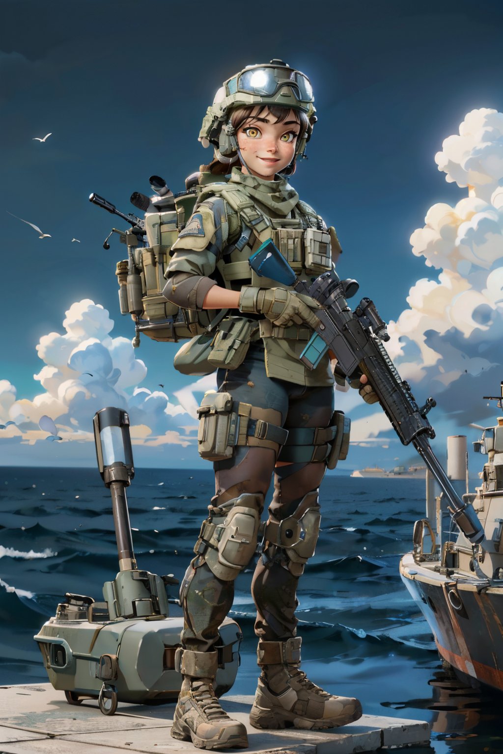 blasco, yellow eyes, dirty face, helmet, goggles on helmet, military clothes, bulletproof vest, knee pads, backpack, boots, looking at viewer, smiling, full body shot, standing,holding weapon, rifle, outside, boat,on battleship, ocean, clouds, high quality, masterpiece,<lora:blasco-08new:.8>