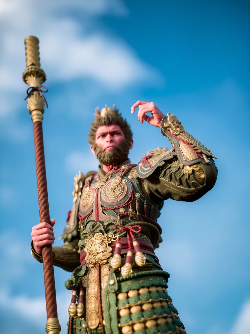 wukong full body,  The warrior is depicted in full armor, standing against a backdrop of a clear blue sky with fluffy white clouds. His armor is ornate and intricately designed, featuring intricate patterns and motifs of dragons, phoenixes, and other mythical creatures. The armor is a mix of gold and bronze colors, with red accents on the chest plate and shoulder pads. He wears a tall, elaborate headdress adorned with feathers and a long, flowing tassel. His beard and hair are styled in a traditional manner, with a prominent mustache and a full, bushy beard. The warrior holds a tall, dark wooden staff with a golden tip, which is adorned with intricate carvings and ribbons. The staff is held firmly in his right hand, while his left hand is slightly raised, gripping the staff near the middle. The warrior's expression is fierce and determined, with his eyes focused forward. <lora:wukong:1>