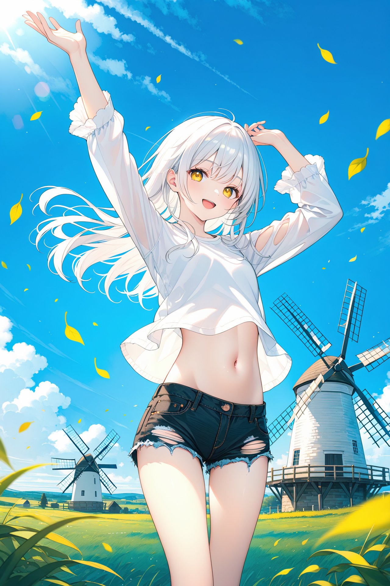 (masterpiece),(best quality),illustration,ultra detailed,hdr,Depth of field,(colorful),1girl,solo,outdoors,shorts,sky,long hair,cloud,navel,falling leaves,cutoffs,arms up,crop top,smile,grass,windmill,midriff,day,black shorts,long sleeves,floating hair,stomach,wind,blue sky,standing,open mouth,shirt,short shorts,denim,white hair,white shirt,yellow eyes,:d,torn shorts,feet out of frame,looking at viewer,denim shorts,leaf,thighs,