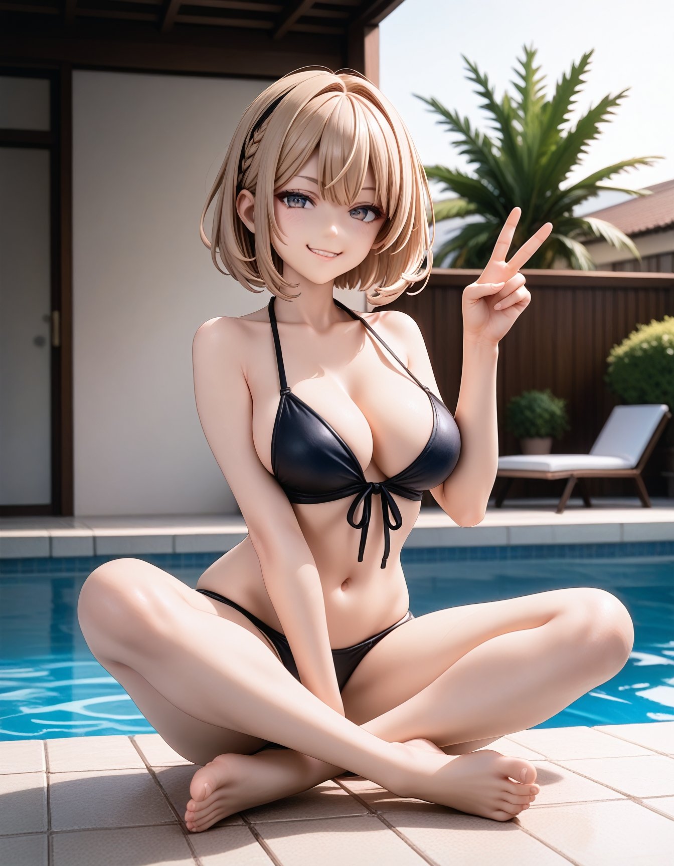 masterpiece,best_quality,BREAK1girl,swimsuit,bob_cut,smug,peace_sign,sitting,indian style,poolside,upper_body,