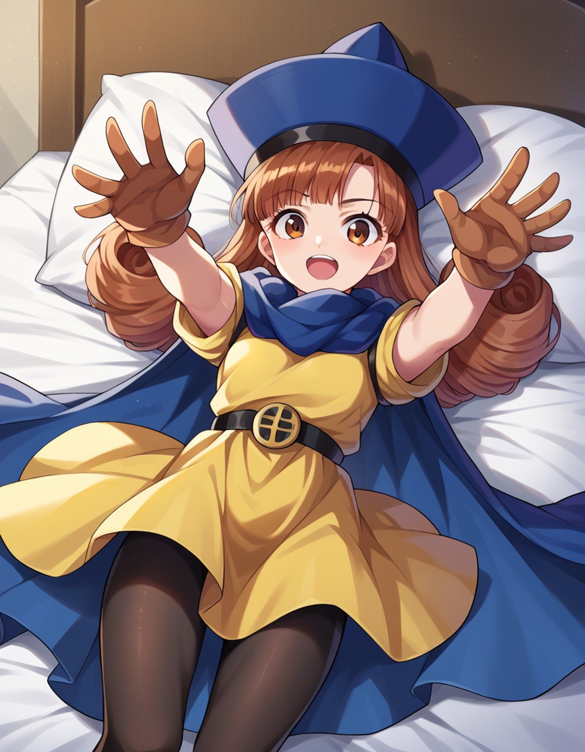 score_9, score_8_up, score_7_up, source_anime,dqalena, <lora:dq-alena-ponyxl-lora-nochekaiser:1>,alena, brown eyes, brown hair, curly hair, long hair,cape, dress, gloves, hat, pantyhose, yellow dress, scarf, short sleeves,indoors, bed, bed room, on back, arm support, arms up, incoming hug, pov, reaching, reaching towards viewer,looking at viewer, dutch angle, cowboy shot,