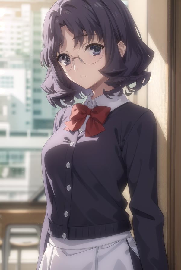 aiyamagata, <lora:ai yamagata-lora-nochekaiser:1>,ai yamagata, short hair, black hair, glasses, (black eyes:1.5),BREAK long sleeves, bow, school uniform, glasses, bowtie, red bow, buttons, red bowtie,BREAK indoors, classroom,BREAK looking at viewer, (cowboy shot:1.5),BREAK <lyco:GoodHands-beta2:1>, (masterpiece:1.2), best quality, high resolution, unity 8k wallpaper, (illustration:0.8), (beautiful detailed eyes:1.6), extremely detailed face, perfect lighting, extremely detailed CG, (perfect hands, perfect anatomy),