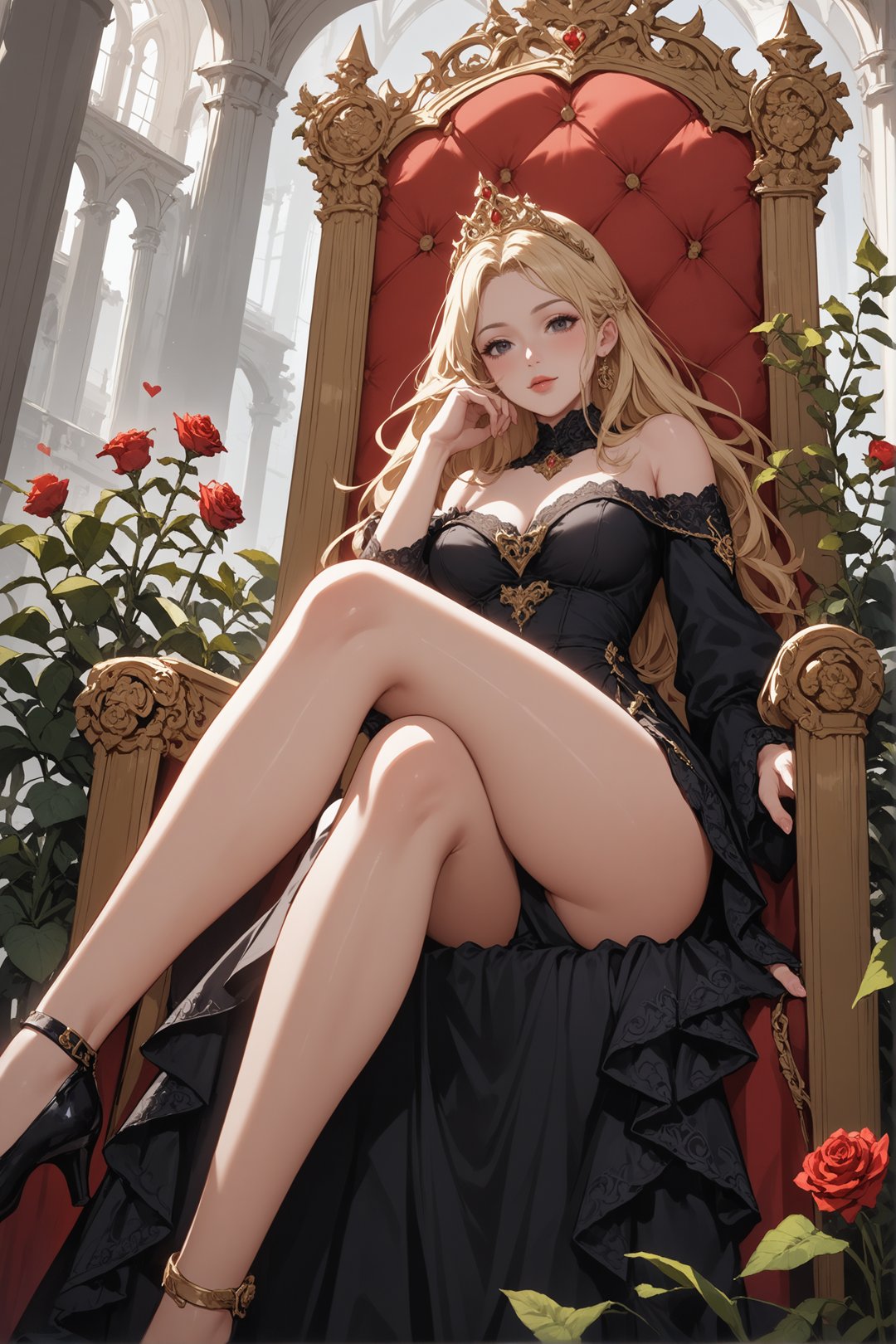 score_9, score_8_up, score_7_up, 1 girl, blonde hair, long hair, seducing viewer, hearts,posing, suggestive pose, sitting on throne, solo, hearts, black royal dress, off shoulder, roses, legs up, from below, air of superiority, crossed legs, golden tiara, flowers, plants