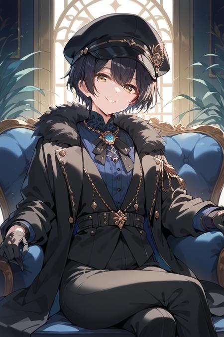 score_9, score_8_up, score_7_up, score_6_up, 1girl,<lora:Miyake_Aoi:0.9> aoi, short hair, black coat, black outfit, black pants, fur collar, black hat visor, black gloves, sit blue armchair, look at viewer,