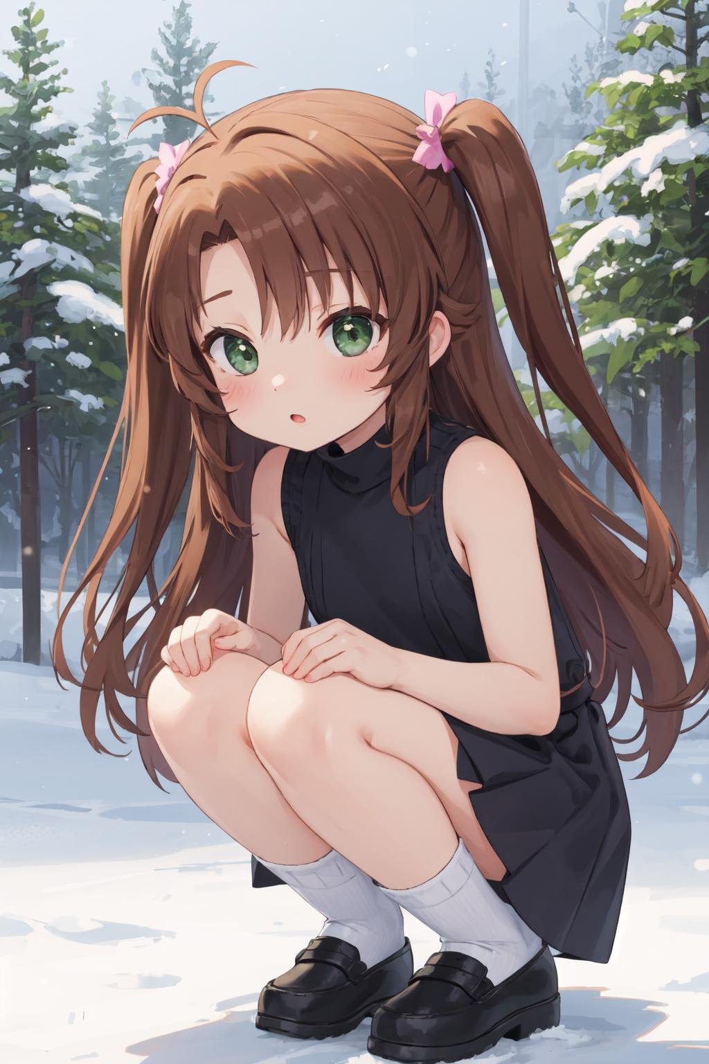 koshigaya komari, long hair, antenna hair, two side up, torn clothes  sleeveless turtleneck, plum petticoat, squatting, snowy landscape, pine trees, evening, cold, serene, magical <lora:koshigaya_komari-000016:1>