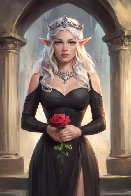 score_9, score_8_up, score_7_up, rating_safe, 1girl, solo, elf, pointy ears, breasts, long hair, long hair, white hair, green eyes, portrait, looking at viewer, black dress, tiara, silver tiara, holding, holding flower, rose, red rose, necklace, jewelry, cowboy shot, standing, outdoors, castle <lora:Concept Art Brush Style LoRA_Pony XL v6:1>