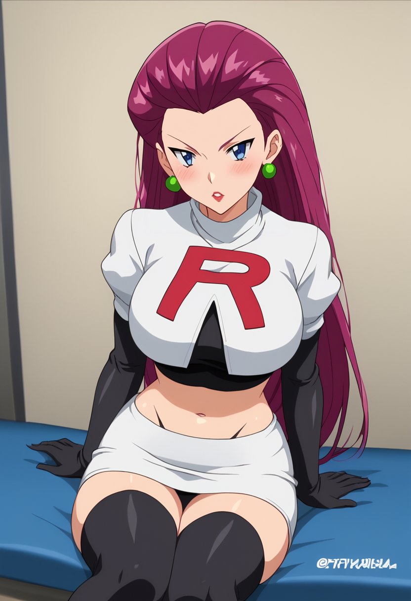 score_9, score_8_up, score_7_up,source_anime,anime coloring,perfect anatomy,cinematic_shadow,anime screencap,<lora:animestyle:1>finetuneanimeBREAK <lora:jessie:1>jessie,1girl, hair slicked back, jessie (pokemon), breasts, team rocket, solo, crop top, thighhighs, jewelry, gloves, blue eyes, earrings, team rocket uniform, skirt, long hair, elbow gloves, navel, sitting, purple hair, large breasts, black gloves, looking at viewer, blush, white skirt, midriff, black thighhighs, watermark, indoors,