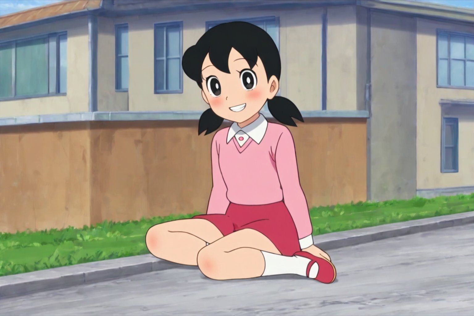 minamoto shizuka,1girl, solo, skirt, twintails, red skirt, black hair, smile, shirt, outdoors, sitting, black eyes, looking at viewer, yokozuwari, bright pupils, low twintails, long sleeves, shoes, pink shirt, white pupils, collared shirt, grin, day, socks, white socks, short twintails, on ground, building, full body, blush, arm support, teeth, sky,masterpiece, perfect face, best quality, beautiful eyes, shiny eyes, anime coloring, anime screencap, absurdres, award winning,<lora:minamoto shizuka pony 906 1:0.8>