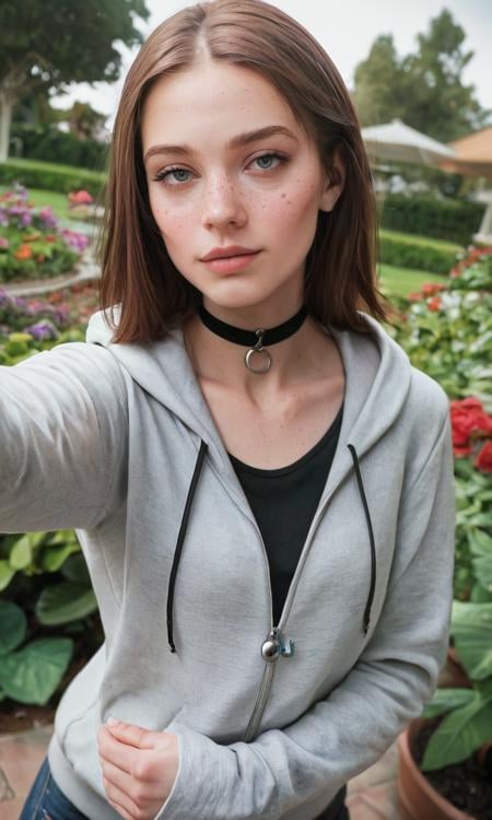 score_9, score_8_up, score_7_up, BREAK, rating_safe, woman, brown hair, detailed, sharp focus, flirtatious, seductive, choker, pleasant, seductive, freckles, 85 mm, hoodie, outdoor, garden, rare angle selfie, garden, nature, highly detailed, detailed skin, depth of field, film grain, <lora:CinematicStyle_v1:1>