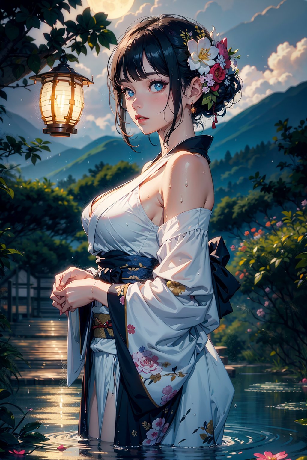 1girl, breasts, moon, lantern, night, solo, large breasts, hair ornament, wet, kimono, japanese clothes, wading, water, hair flower, flower, outdoors, sky, full moon, rain, black hair, off shoulder, mountain, cloud, holding, sash, bare shoulders, paper lantern, standing, white kimono, night sky, sideboob, obi, wet clothes, bangs, tree, from side, reflection, short hair, cloudy sky, wet hair   {{(masterpiece),(extremely detailed CG unity 8k wallpaper),best quality,,solo,1girl,cinematic lighting,detailed background,beautiful detailed eyes,bright pupils, (an extremely delicate and beautiful),(Beautiful and detailed eye description)，  ultra-detailed,masterpiece,}},