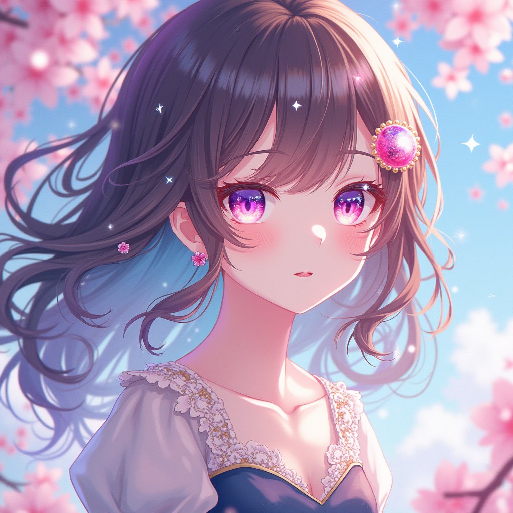 (masterpiece),(best quality),(ultra-detailed),(illustration),1girl,mixed-blood,stars in the eyes,cherry blossoms,messy floating hair,crystal earrings,colored inner hair,Starry sky adorns hair,(colorful Bubble),(pearl),(Galaxy),depth of field,upper body,lace-trimmed dress,<lora:zyc:0.8>,