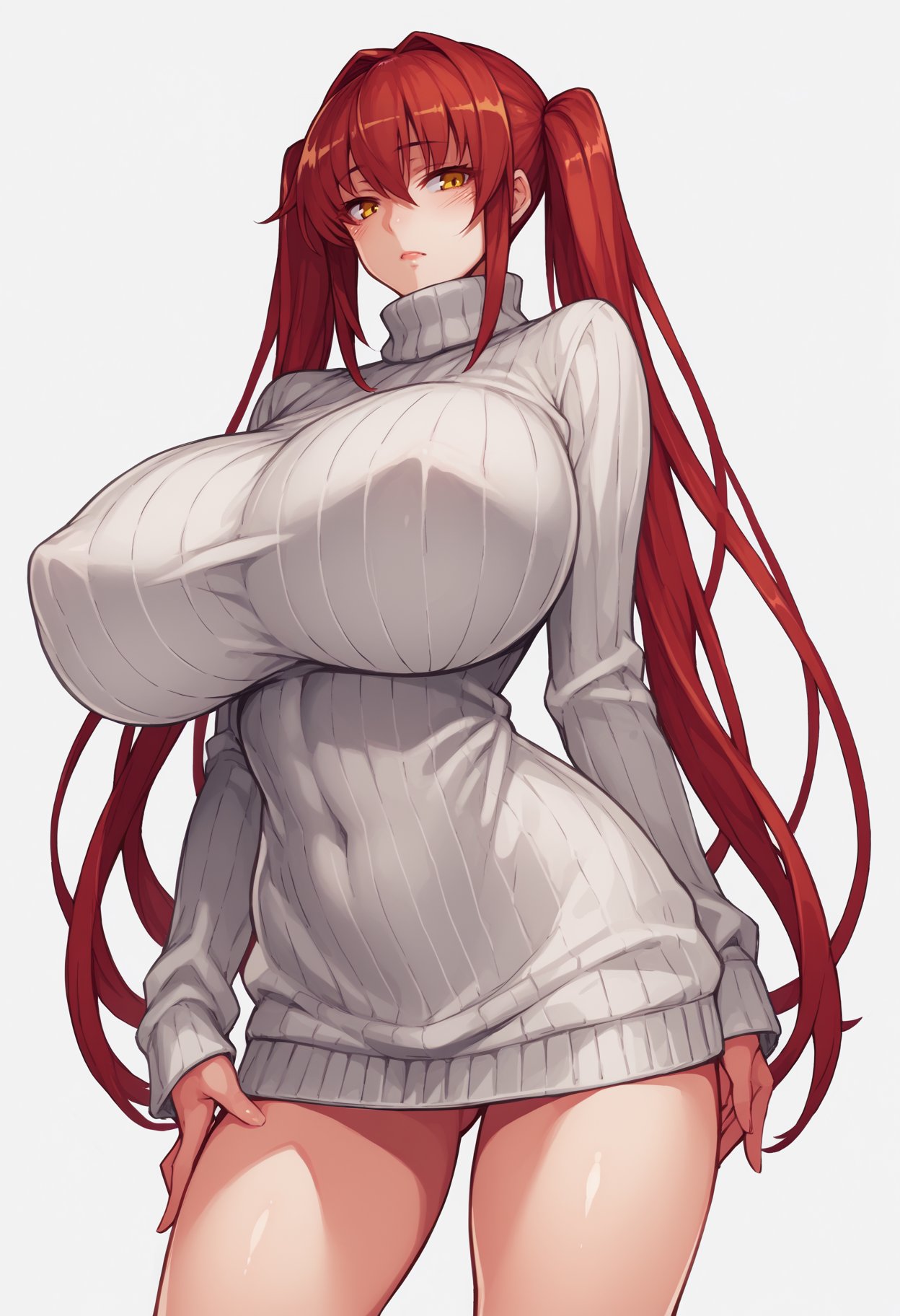 score_9, score_8_up, score_7_up, source_anime BREAK 1girl, solo <lora:kenkoucross-artist-richy-v1_pdxl:1> red hair, twintails, very long hair, yellow eyes, huge breasts, turtleneck sweater, white sweater, ribbed sweater, covered nipples, white background, simple background, standing, sweater dress, bare legs