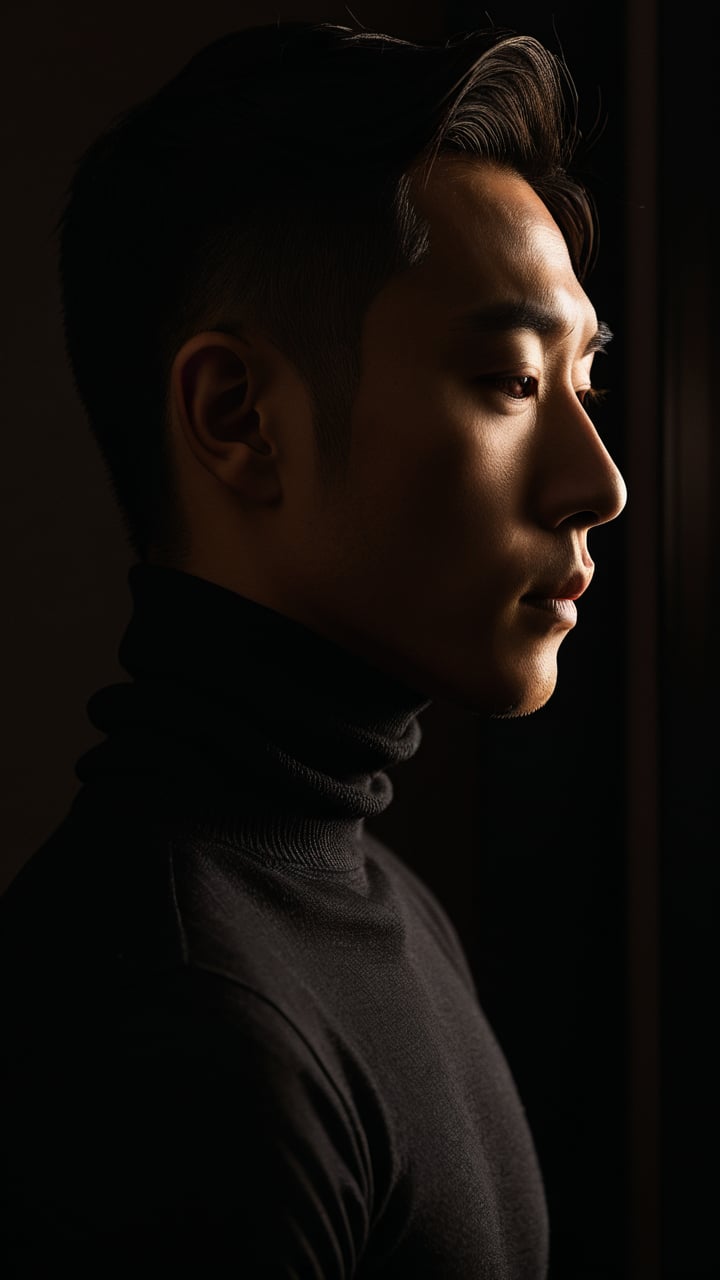 Asian man,side profile,ambient lighting,shadow play,warm tones,black turtleneck,contemplative expression,dark background,dramatic mood,portrait photography,headshot,indoor setting,minimalistic style,sharp features,clean grooming,