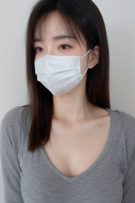 1girl,large breasts,collarbone,covered_mouth,gag,gagged,improvised_gag,long_hair,mask,large breasts,mouth_mask,realistic,shirt,solo,surgical_mask,tape,tape_gag,Sling, <lora:口罩少女肖像写真:0.9>