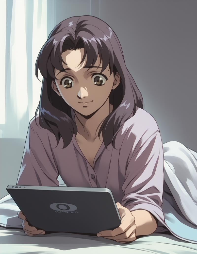 score_9, score_8_up, score_7_up, score_6_up, score_5_up, score_4_up, <lora:tomoko-ponyxl:0.9> 1girl, solo, tomoko, (purple hair:0.5), pajamas, under covers, smile, looking down, tablet pc