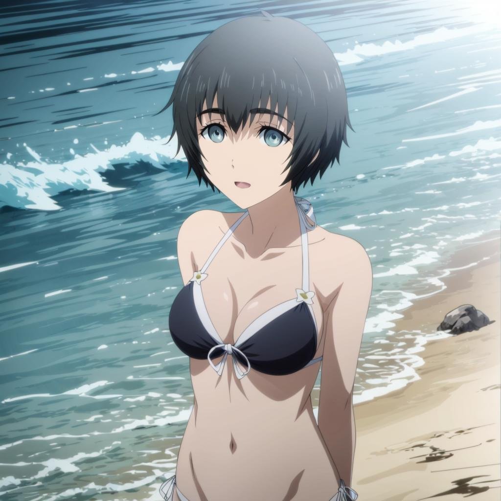 <lora:MayuriShiina002:0.7>,<lora:add_detail:1>,<lora:boldline:-0.8>,<lora:noline:0.3>,Mayurizero,1girl,black hair,bikini,ocean,beach,sunshine,