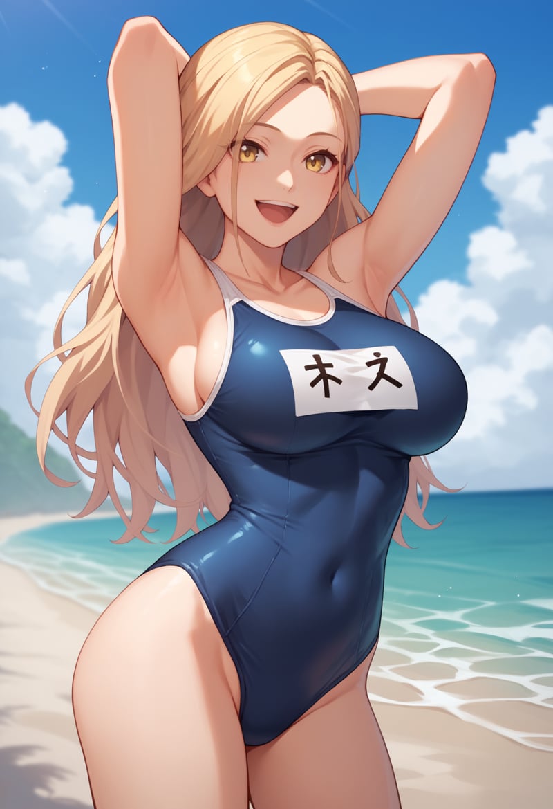 score_9, score_8_up, score_7_up, score_6_up, score_5_up, score_4_up, BREAK1girl, kisara, blonde hair, long hair, yellow eyes,large breasts, school swimsuit, hands behind head, one-piece swimsuit, open mouth, smile, happy, solo, looking at viewer, sea, sand, blue sky, tropical island background   <lora:KisaraXL:1>