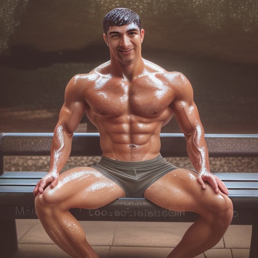 muscular man in wet silkies, sitting on bench, looking at viewer, smirking