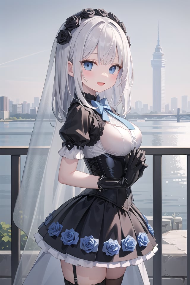 (cleavage:-1), insanely detailed, absurdres, ultra-highres, ultra-detailed, best quality,1girl, solo, nice hands, perfect hands,BREAK(fusion of black mourning-dress and black wedding dress:1.2), (gothic dress:1.3), (light-blue and black theme:1.3), ((black mourning-veil, black see-through wedding-veil):1.5), ((black latex corset, light-blue breast-cup):1.4), (short puff-sleeve:1.3), ((white collar, tie-bow):1.3), ((ruffle-skirt, multilayer-skirt):1.4), ((stockings, garter belt):1.3), (see-through long gloves:1.3), (blue rose decoration on head:1.3), (high heels:1.1)BREAKhappy smile, laugh, open mouth,standing,own hands together,from side, cowboy shot,BREAKslender, kawaii, perfect symmetrical face, ultra cute girl, ultra cute face, ultra detailed eyes, ultra detailed hair, ultra cute, ultra beautiful,BREAKcityscape in tokyo, ultra detailed background, blue sky, bay side, panorama view,medium breasts, white hair, blue eyes