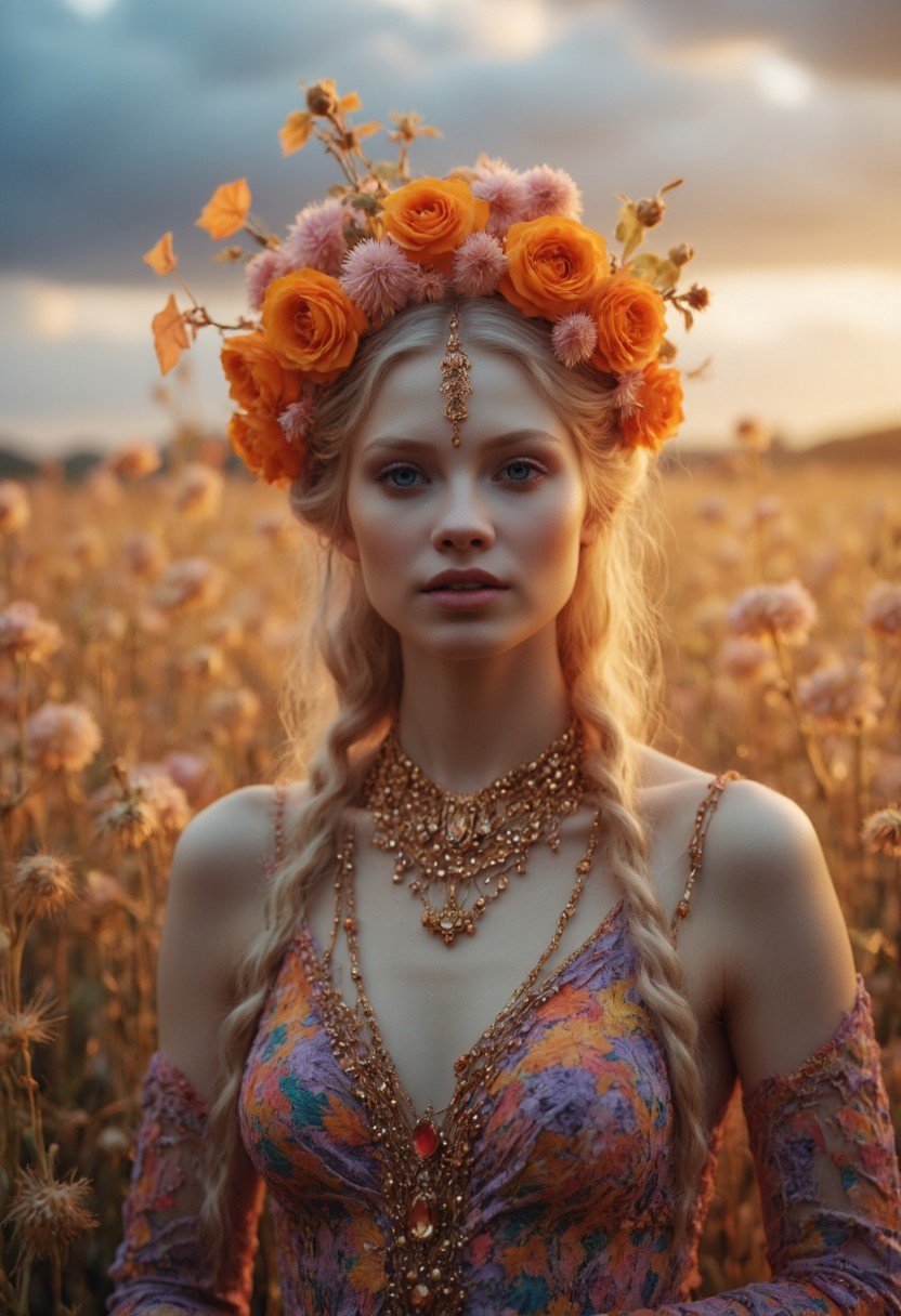 Real sharp photo, blurry background, in a field of yellow wheat at sunset, beautiful blonde with braids adorned with flowers, smiling, dressed in a floral gowns (ethnic dress) featuring vibrant colors and traditional patterns, hair ornament, cheerful. The image, is highly detailed, realistic, and dreamlike