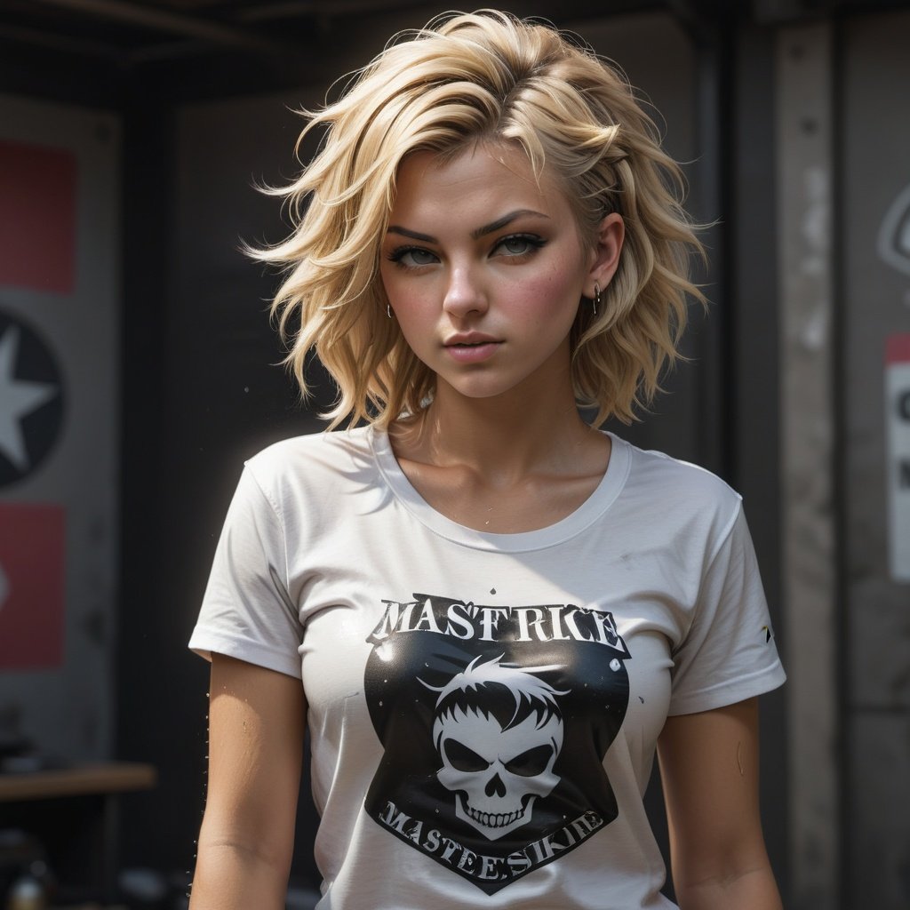 (1girl), medium breasts, tan, dewy skin, sweaty skin, wavy blonde hair, punk tshirt, punk girl, (masterpiece,best quality,ultra_detailed, highres, absurdres:1.2),